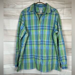 Vintage Pendleton Blue and Green Plaid Seersucker Long SleeveShirt. Size XL